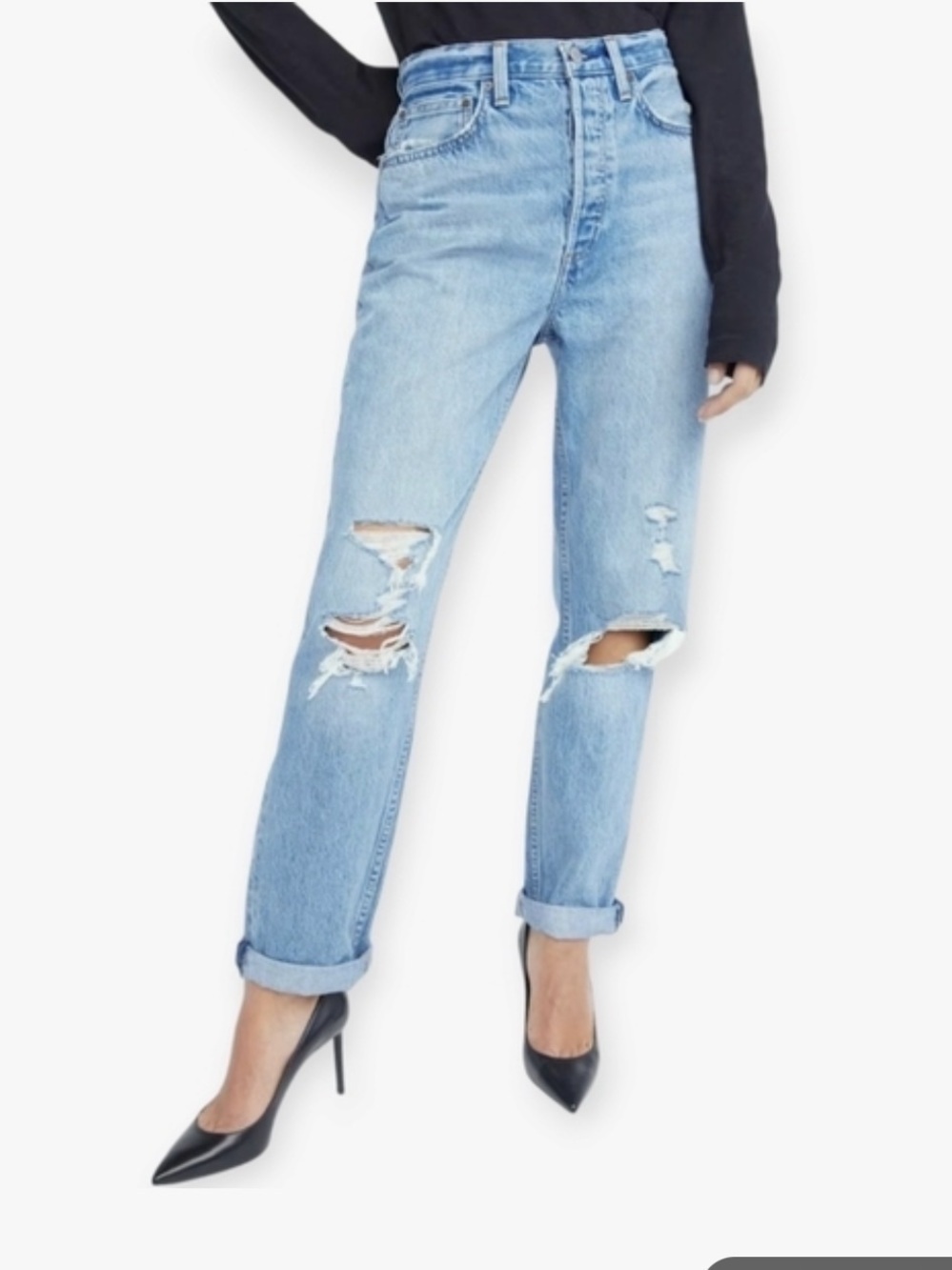 Denim Forum The BF High Rise Loose Distressed High Rise Loose Jeans Blue